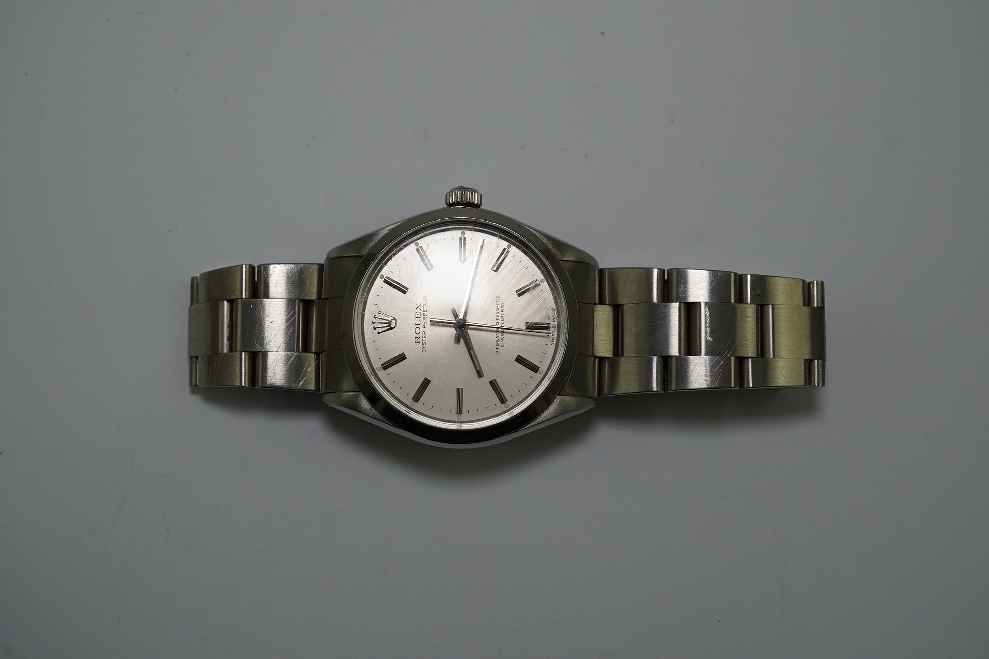 A gentleman's early 1980's stainless steel Rolex Oyster Perpetual wrist watch, on a stainless steel Rolex bracelet